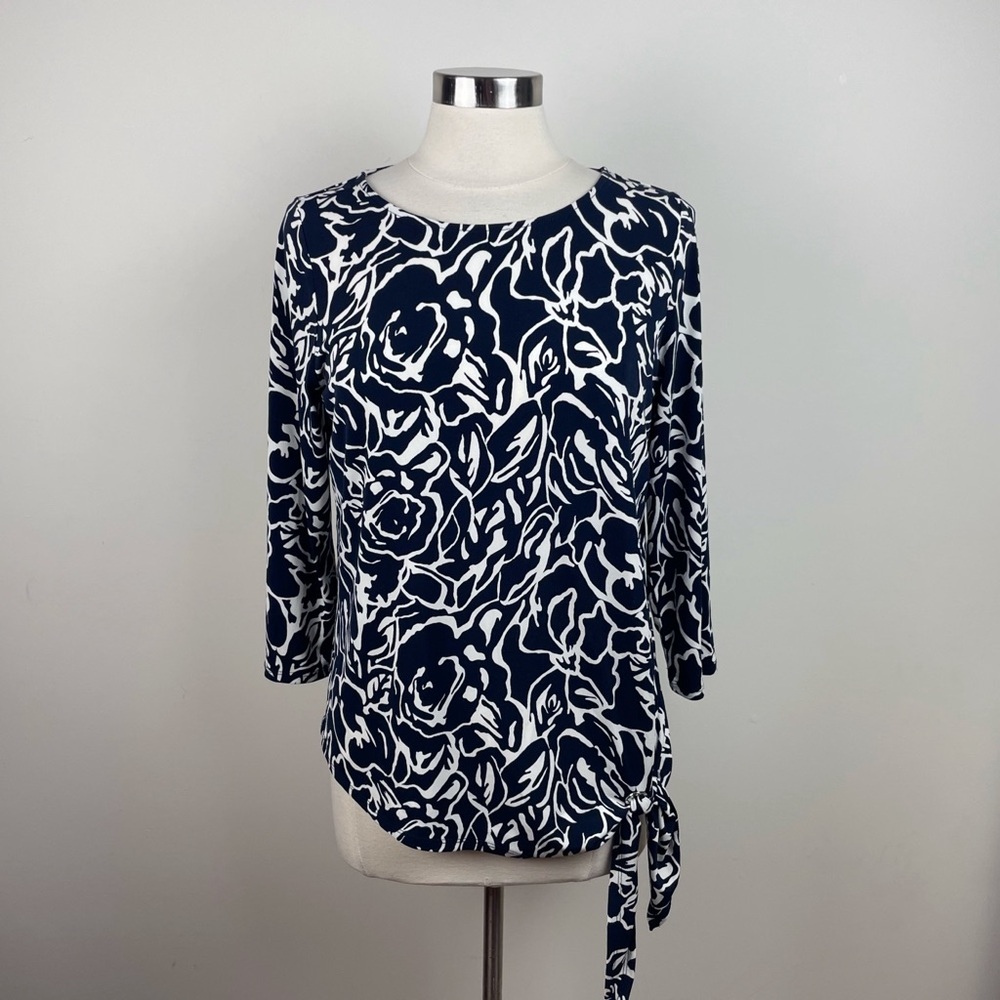 Ivanka Trump Navy Blue White Floral Blouse Top Women Medium